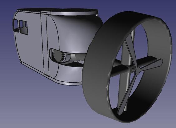 A shot from the port side rear quarter showing a coach-like engine cabin with windows at the front and side. A horizontal slot at the rear shows some internal gears and components, a drive shaft leads to the propeller inside a rotor guard housing.