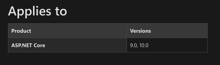 Applies to section showing ASP.NET Core 9.0 and 10.0