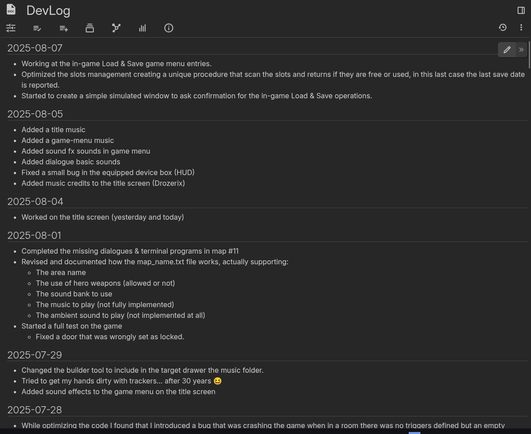 This screenshot shows how I mantain my devlog, it's a list of things I implemented in my game "The Gate", day by day.