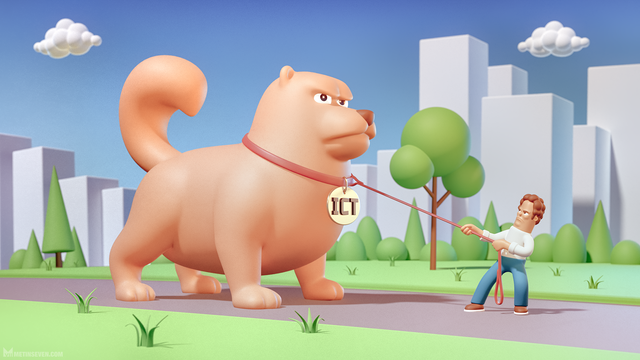 A cartoon-style huge 3D dog is refusing to walk on in park, while his frustrated, much smaller owner tries to convince him.