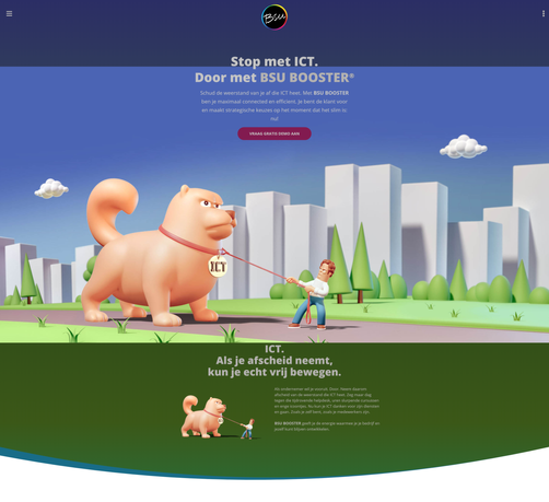 Website featuring an illustration of a cartoon-style huge 3D dog is refusing to walk on in park, while his frustrated, much smaller owner tries to convince him.