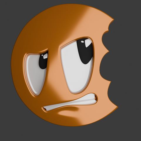 3D render of CG Cookie's logo. It's an orange cookie looking angrily at it's right side, where a bite has been taken off.