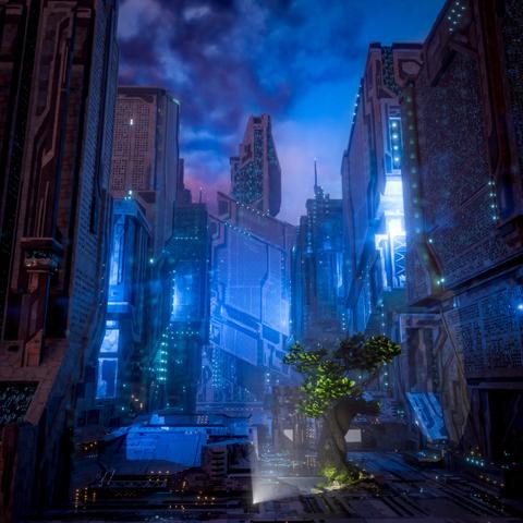 The image depicts a futuristic cityscape at dusk or night, bathed in cool blue and purple tones. Towering skyscrapers with sleek, metallic, and illuminated facades dominate the scene, their surfaces embedded with glowing lines and patterns reminiscent of circuit boards. The architecture feels advanced, almost alien, with angular shapes and towering spires. Between these colossal buildings, a small yet vibrant green tree grows from a patch of earth, bathed in a beam of light that gives it an ethereal presence. The contrast between the lush, organic tree and the cold, high-tech surroundings suggests themes of nature’s persistence amid a hyper-industrialized world. The sky above shows a blend of deep purples and blues, adding to the scene’s dreamlike, cyberpunk atmosphere.