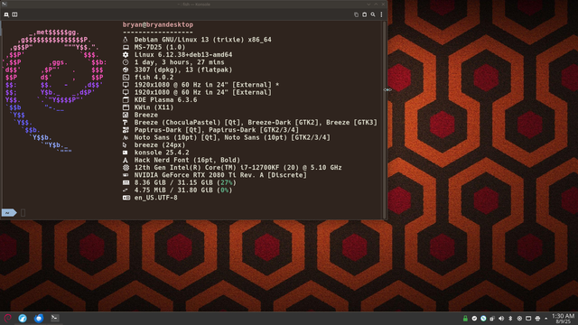 Screenshot of a Debian GNU/Linux Debian 13 (Trixie) desktop with a terminal open displaying the hyfetch command.