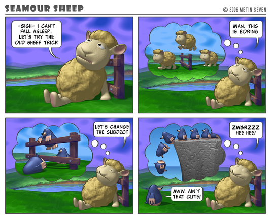 Episode from the stylized 3D Seamour Sheep comic strip series, featuring a fluffy cartoon sheep and a sarcastic mole.