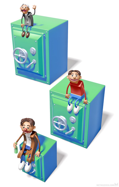 Stylized 3D illustration, showing three stylized figures, ranging from homeless to rich man, each sitting on their own size safe.