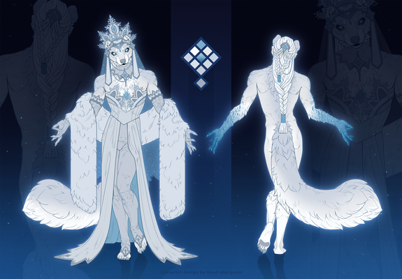 Digital ref sheet of furry male character ermine, inspired by the winter season. He has hands and eyes made of ice, and is dressed in an ornate white outfit.
