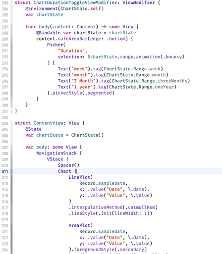 Screen shot of a view modifier and a view with a chart, the view modifier is were the binding for the chart duration is using a picker.
