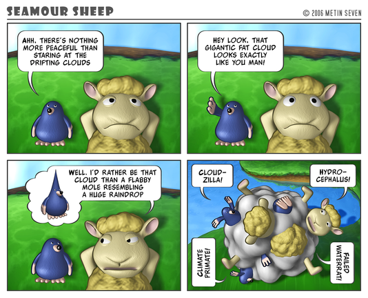 Episode from the stylized 3D Seamour Sheep comic strip series, featuring a fluffy cartoon sheep and a sarcastic mole.