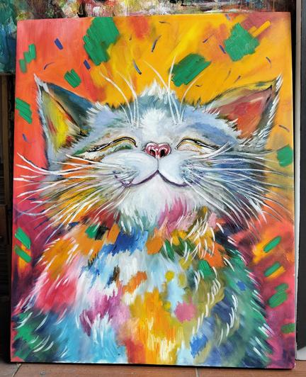 a painting of a cat, seen from her chest up, smiling, colors swirling around her, red and orange and magenta with strokes of green floating down