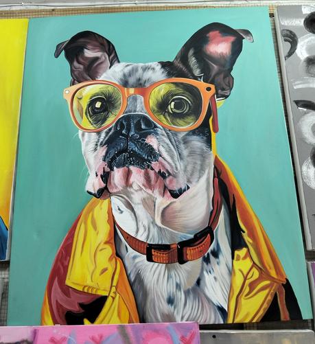 a painting of a boston terrier i think, wearing orange and yellow sunglasses, a red collar, and a red and yellow windbreaker , a teal background, the dog is seen from its chest up, looking to the left