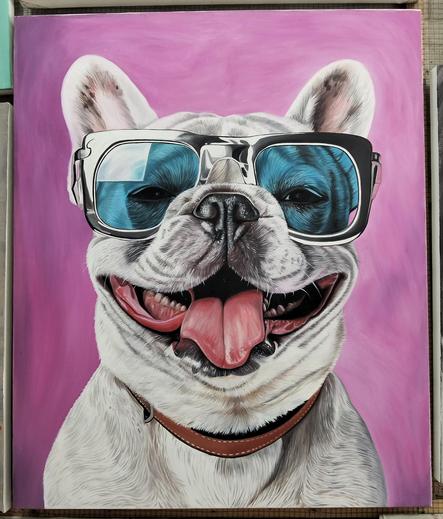 a painting of a french bulldog i think, it is white colored, a pink background, seen from its chest up, facing the viewer, wearing black and blue sunglasses, a happy expression on its face