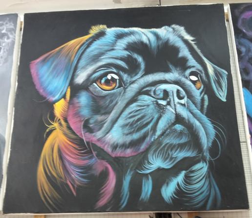 a painting of a pug's face against a dark background, its face is highlighted with electric blues, neon pinks, and bright yellows