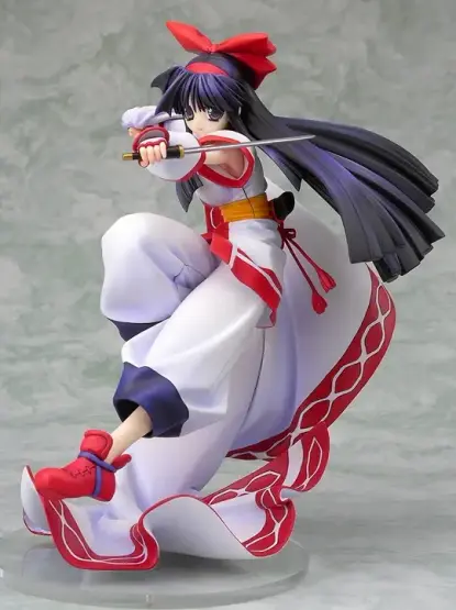 a statue, it is a long-haired woman holding a half-length sword , she has a red bow in her hair and billowing white pants, short-sleeved shirt with half-sleeves of white fabric, she is in an action pose, mid-jump
