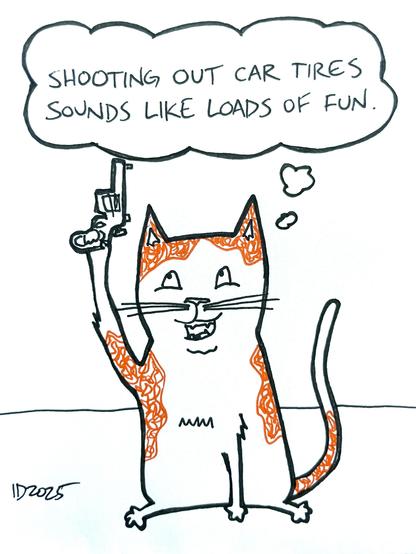 an orange tux cat holds a revolver aloft and thinks "shooting out car tires sounds like loads of fun."
