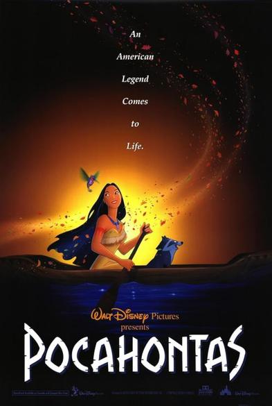 Movie poster of the movie Pocahontas, with Pocahontas herself in the middle of the picture, paddling in a canoe with a swirl of leaves and a small bird around her.