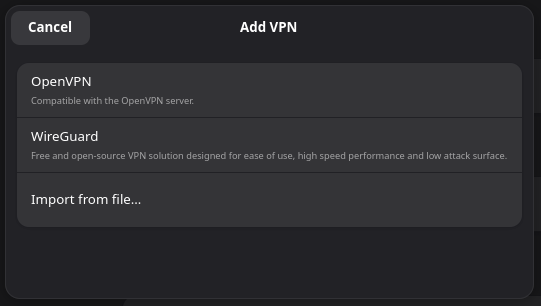 A screenshot of the Gnome VPN wizard.  It now has "Wireguard" listed directly.