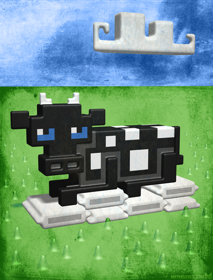 Voxel-style cow character design, lying in a meadow on a pile of pillows.