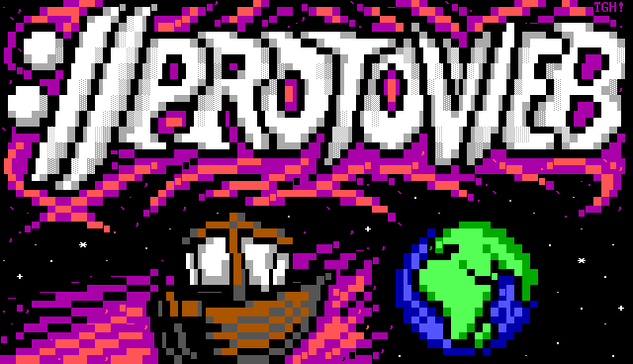 In this piece of 16-color IBM VGA ANSI art, the Protoweb logo, consisting of the name in capital letters preceded by a colon and two forward slashes, is rendered as a bubbly graffiti tag over a splash of dark magenta with red highlights. Beneath this, a ship from the Age of Sail sails through outer space, with waves cresting in the same colors as the logo, towards the planet Earth, with Africa, Europe and Asia in view.