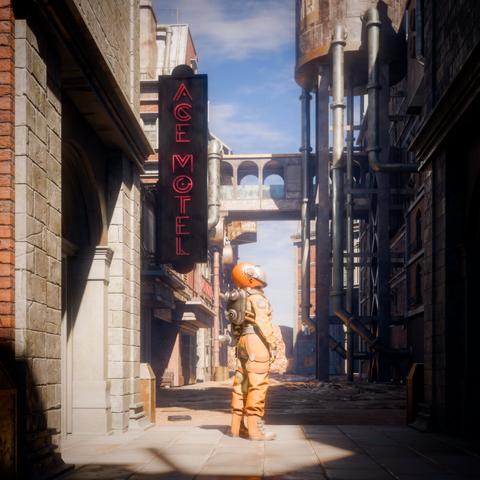 The image shows a narrow, sunlit urban street with old brick and stone buildings. A red neon sign on the left reads “ACE MOTEL” in vertical letters. The scene has an industrial feel, with exposed pipes, metal structures, and elevated walkways connecting the buildings above. In the center, a lone figure in a bright orange space suit and helmet stands facing to the right, gazing into the distance. The suit has a bulky backpack, suggesting life-support equipment. The street beyond them appears partially ruined, with rubble and worn pavement, leading to a rocky, desert-like landscape visible in the background under a clear blue sky. The overall mood blends retro architecture with a sci-fi, post-apocalyptic atmosphere.