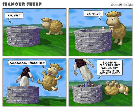 Episode from the stylized 3D Seamour Sheep comic strip series, featuring a fluffy cartoon sheep and a sarcastic mole.