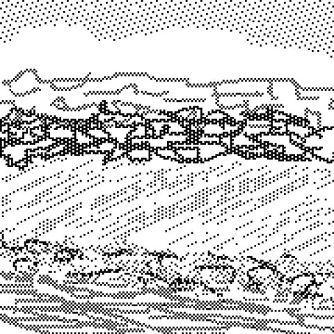 a view up the beach from just behind the ocean’s edge showing some white water, hard packed sand, algae- slicked rocks, and lastly the dry rocks befor the sky is visible beyond. hand rendered in a black and white pixelly style.