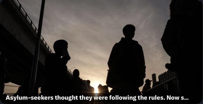 A group of silhouetted figures stands under a bridge against a sunset, depicting a moment of contemplation or waiting. The image conveys themes of uncertainty and the experiences of asylum-seekers.