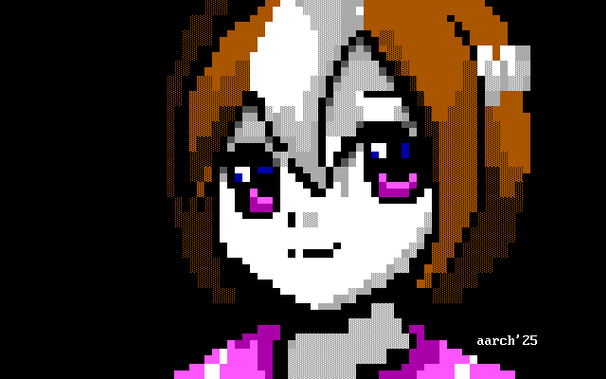ansi art of special week from uma musume, a horsegirl with brown short-ish har with a white strand, big purple eyes and a school uniform of same color