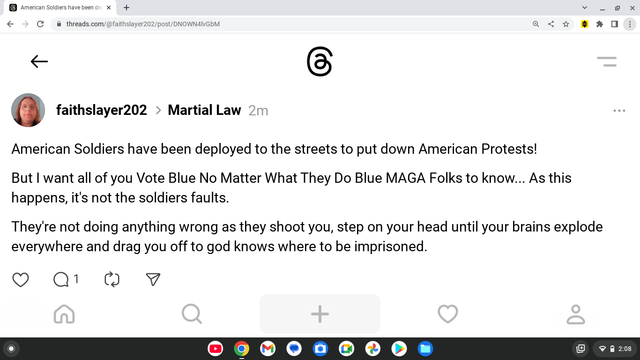 "American Soldiers have been deployed to the streets to put down American Protests!

But I want all of you Vote Blue No Matter What They Do Blue MAGA Folks to know... As this happens, it's not the soldiers faults.

They're not doing anything wrong as they shoot you, step on your head until your brains explode everywhere and drag you off to god knows where to be imprisoned."