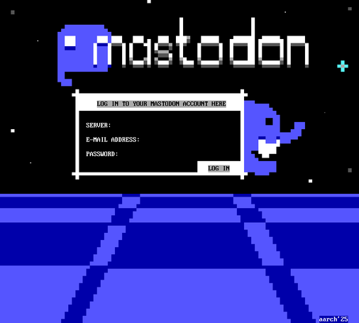 a fake textmode login screen to mastodon, showing a (presumably) scrolling checkerboard horizon in shades of blurple, above that a dark starry sky with mastodon logo and a login textbox prompting for server domain, email address and password, with a login button. next to that, a blurple mastodon peeks out