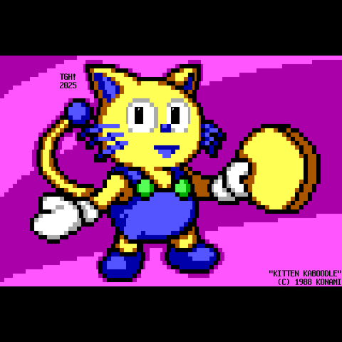 A yellow housecat in blue overalls (and whiskers) brandishes an oversized golden disc against an abstract curving purple background.
