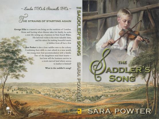 Full cover for the novel, The Saddler's Song. Showing a colonial boy playing a small violin.