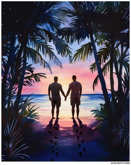 Digital art depicting two men holding hands as they look out to the sun rising over the ocean. They are seen from behind in near silhouette and framed by tropical foliage similarly in silhouette. The sky is pink and blue.