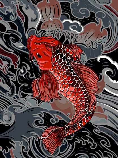 Diseño Carpa Koi sobre fondo con flores de loto y olas abstractas estilo japonés. Tonalidades cálidas en la carpa y frías en el fondo combinadas gracias al fondo apagado y los colores saturado y brillantes de la carpa. Primero en años, mejorable pero aceptable para el autor. Carpa Koi - BakedApe 25-08 #valencia #valenciaart #procreate #procreateart #procreatedrawing #tattoo #tattodesign #tattodiseño #digitalart #digitaldrawing #carpakoi #koi #japanesetattooart