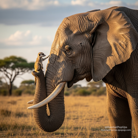 8月12日は「世界ゾウの日」だそうです
˗ˏˋ象さんに会いに来ました！ 🐘ˎˊ˗

August 12th is "World Elephant Day"
˗ˏˋI came to see an elephant! 🐘ˎˊ˗

#AI写真 #AIGenerated #AIArt #Digitalart #Meerkat #ミーアキャット