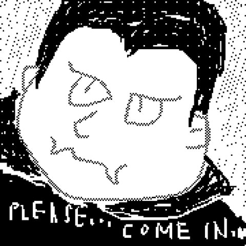 a low res pixelly drawing in black and white of a fairly goofy vampire trying their best to look alluring. the words written in white over their black shirt read: please… come in…