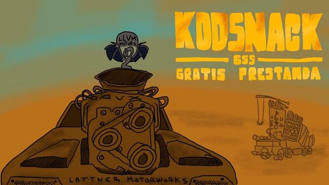Kodsnack 655 - Gratis prestanda. En rostig bil i ett ökenlandskap. Bilen är av märket "Lattner Motorworks", och motorn toppas av en drakformad logotyp för "LLVM Motors".
