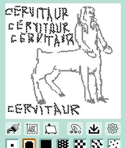 a screen grab of a simple drawing app showing some UI buttons at the bottom. the top canvas shows a pixelly, black and white doodle of a half-woman/half-deer with the word ‘cervitaur’ practiced in the remaining space 4 times.