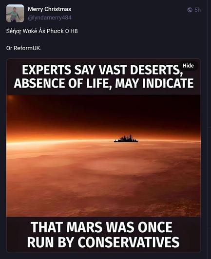 Screenshot of AI image of surface of Mars with words above - 
“Experts say vast deserts, absence of life, may indicate”

Words below 

“That Mars was once run by conservatives”
