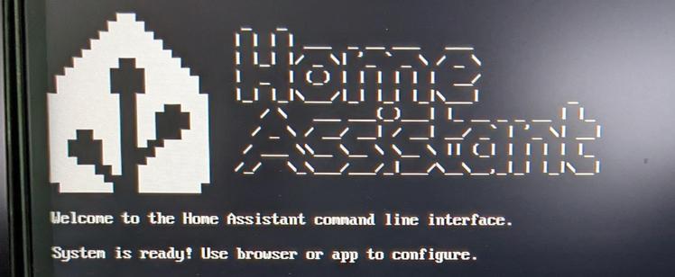 A console output saying: Home Assistant 
Welcome to the Home Assistant command line interface.
System is ready! Use browser or app to configure.