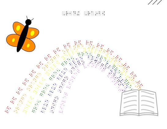 Arcs of colored braille creating a rainbow that ends inside an open book. A Monarch butterfly is flying above it in the sky.