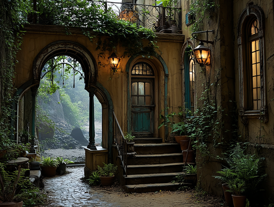 A brown stone house, with a courtyard paved with cobblestones, on a wet misty afternoon, with ivy-covered arches, potted plants, and glowing lanterns under a moody afternoon light.