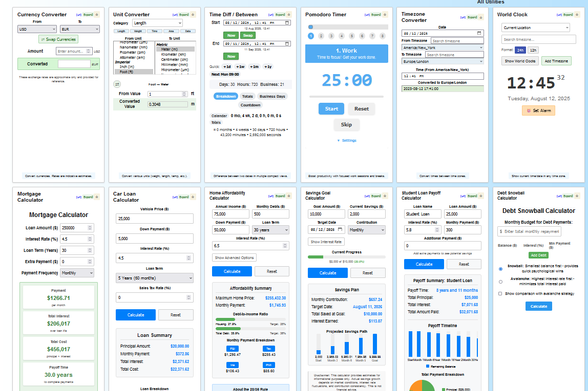 A screenshot of 12 tools in a 6 (horizontal) by 2 (vertical) grid including a currency converter, unit converter, pomodoro timer, mortgage calculator and more.
