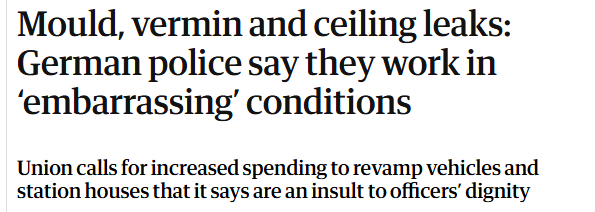 Mould, vermin and ceiling leaks:
German police say they work in
‘embarrassing’ conditions

Union calls for increased spending to revamp vehicles and
station houses that it says are an insult to officers’ dignity