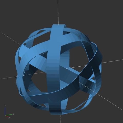 a screenshot of OpenSCAD of a Rattan / Takraw ball model almost finished, six weavy circle ribbons forming a sphere leaving triangle and pentagon holes in between each other.