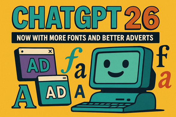 An AI Generated image that parodies the launch of GPT-5 by presenting an advert for ChatGPT 26, saying ChatGPT 26, now with more fonts and better adverts