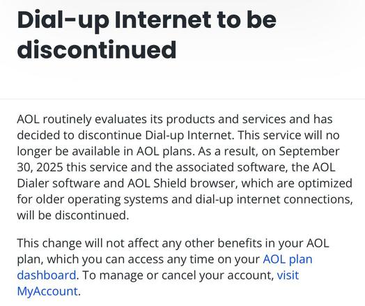 After more than 30 years, AOL will discontinue Dial-up Internet on September 30th.