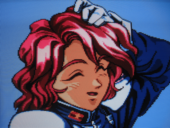 Pink-haired mech pilot Eve Lurdia scratches her head like a lovable goofball after face-planting on the tarmac in the game's LENGTHY opening anime-style cut scene.