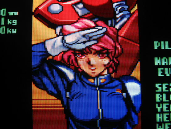 On the character select screen, Eve salutes while her red mech awaits deployment behind her.