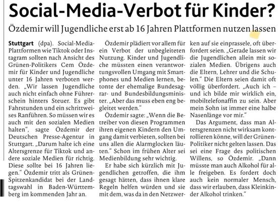 Social-Media-Verbot für Kinder? Özdemir will Jugendliche erst ab 16 Jahren Plattformen nutzen lassen Stuttgart (dpa).